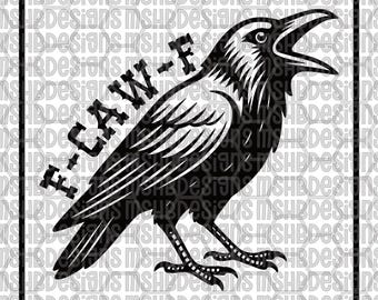May include: Black and white graphic of a raven with an open beak, set within a square frame. The text "F-CLAW-F" is diagonally across the raven's body. The design is a bold, stylized illustration.