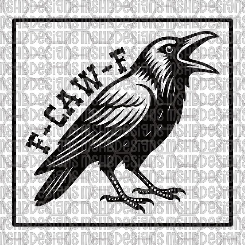 May include: A monochrome graphic featuring a raven with an open beak, enclosed in a square border. The text "F-CLAW-F" is displayed across the raven. The design is a striking, stylized illustration.