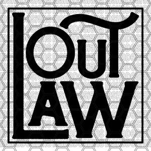 以下が含まれることがあります： 太字で様式化された文字で「OUTLAW」という言葉が描かれた白黒のグラフィックデザイン。テキストは長方形のフレーム内にあり、ハニカムパターンの背景が施されています。
