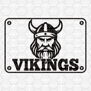 May include: Black and white graphic of a Viking warrior's face, complete with horned helmet and long beard, set within a rectangular frame. The word "VIKINGS" is boldly displayed below the image.