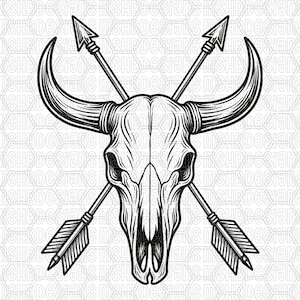May include: Black and white illustration of a bull skull with crossed arrows. The skull has large horns and detailed shading. The arrows are feathered and have pointed tips. The design has a Western or Native American theme.