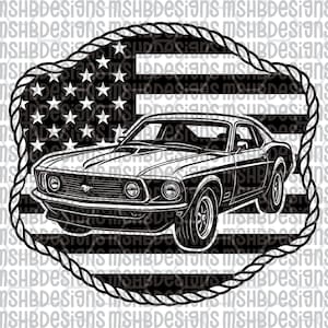 May include: Black and white graphic of a classic muscle car set against an American flag design. The car is a vintage model, with detailed lines and a bold presence. The image is framed by a rope-like border.