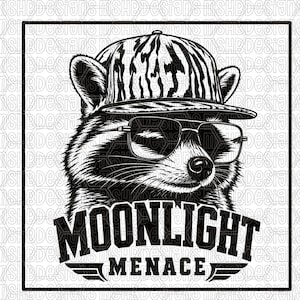 May include: Black and white illustration of a raccoon wearing a zebra-striped hat and glasses. The raccoon has the words "MOONLIGHT MENACE" in a banner below its face. The image is framed with a black border.