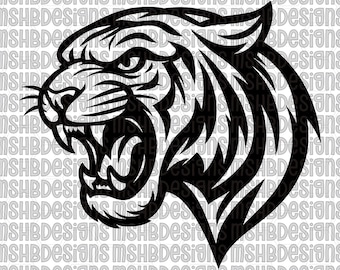 Rytande tigerhuvud SVG PNG – Maskotlinjeteckningar för gravyr, hattmärken, sublimering, vinyldekaler – Djärv djurgrafik, skollagsanda
