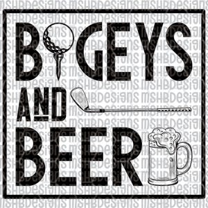 Może przedstawiać: Czarno-biała grafika z napisami "Bogeys and Beer". Zawiera ilustracje piłki golfowej na tee, kija golfowego i kufla piwa z pianą.