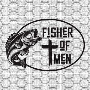 Puede incluir: Gráfico en blanco y negro que presenta un pez saltando fuera del agua, con el texto "FISHER OF MEN" y una cruz. El diseño está dentro de una forma ovalada, sobre un fondo de patrón de panal.
