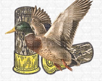Fliegende Stockente mit Camo Schrotflinten Shells PNG | Entenjagd Sublimations Design | Wasservögel Clipart für DTF oder Druck | Süddeutsches Tarnmuster