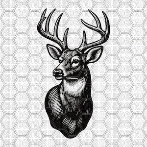 Puede incluir: Ilustración en blanco y negro de la cabeza de un ciervo con cornamenta. El ciervo está representado de perfil, con sombreado detallado y un fondo texturizado. Diseño digital.