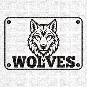 May include: A monochrome graphic featuring a wolf's head above the word "WOLVES". The design is enclosed within a black rectangular frame with decorative corner details. The background has a repeating pattern of the text "MSHBDesigns".