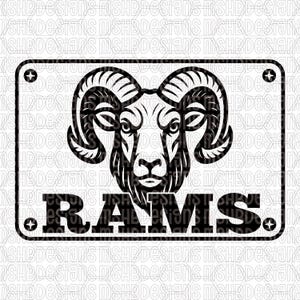 May include: Black and white graphic of a ram's head with large curved horns, centered within a rectangular frame. The word "RAMS" is displayed in bold letters below the ram's head. Four small plus signs are in each corner.