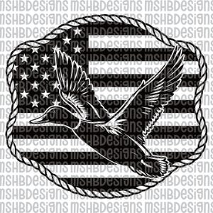 May include: Black and white graphic of a duck in flight, set against a stylized American flag background. The design is framed by a rope-like border, creating a patriotic and nature-themed emblem.