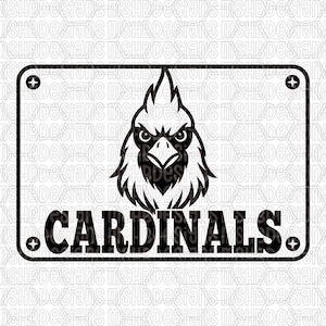 Puede incluir: Un letrero en blanco y negro con una ilustración estilizada de un pájaro cardenal y la palabra "CARDINALS". El letrero tiene esquinas redondeadas y detalles en forma de cruz.
