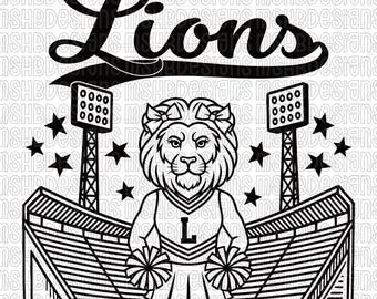 May include: Black and white graphic of a lion mascot in a cheerleader uniform, holding pom-poms, in front of a stadium. The word "Lions" is above the lion. Stars and stadium lights are also included.