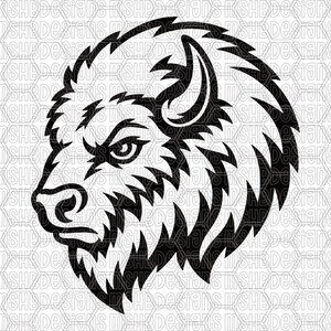 May include: A black and white graphic of a bison head in profile. The bison's face is detailed with sharp lines and a textured design, showcasing the animal's eye, ear, and fur. The background has a repeating pattern of the text "SHBDESIGNS".