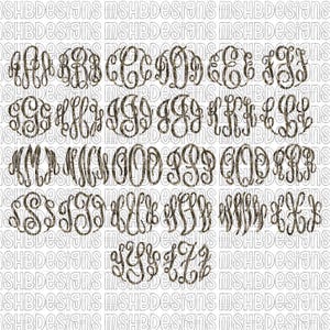 May include: A collection of monogram designs in a circular format, featuring various letter combinations. The letters have a camouflage pattern in shades of brown and green. The background has a repeating pattern of the text "MSHBDesigns".
