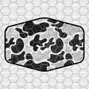 Puede incluir: Un diseño con estampado en blanco y negro dentro de una forma delineada en negro. El diseño presenta formas negras irregulares sobre un fondo blanco texturizado. El patrón general se asemeja a un estampado de piel de vaca. El fondo tiene un patrón repetido del texto "MSHB Designs".