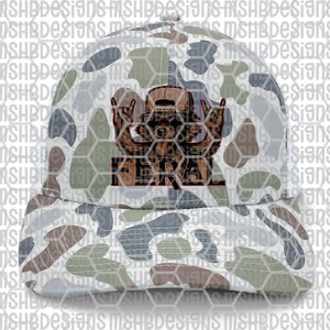 May include: A camouflage baseball cap featuring a brown bear graphic with the word "FERAL" in red. The cap has a curved brim and a pattern of white, gray, green, and brown shapes.