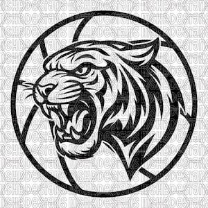 Può includere: Grafica in bianco e nero di una testa di tigre ruggente, con la bocca aperta, inserita in un cerchio e un motivo a stella. L'immagine ha uno stile grafico audace, adatto a varie applicazioni.