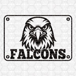 May include: Black and white graphic of a falcon's head with the word "FALCONS" below. The design is enclosed in a rectangular frame with decorative elements at each corner. The image is suitable for team apparel.