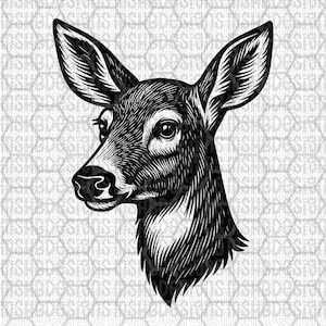 Puede incluir: Ilustración en blanco y negro de la cabeza de un ciervo, con detalles de líneas. El ciervo se representa de perfil, con grandes orejas y una mirada enfocada. La obra de arte tiene un estilo vintage grabado, adecuado para arte mural o proyectos de diseño.