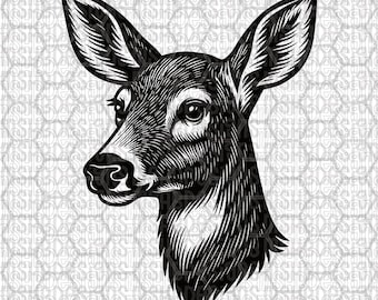 Whitetail Doe SVG PNG DXF eps pdf  Engraving-Style Deer Head | Female Deer Hunting Clipart for Hat Patches, Apparel, Tumbler Designs