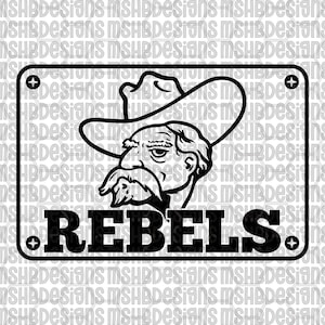 May include: Black and white graphic of a man wearing a cowboy hat, with the word "REBELS" in bold letters. The design is enclosed in a rectangular frame with decorative elements at each corner. The background has a repeating pattern of the text "MSHBDESIGNS".