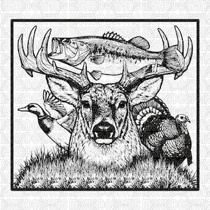 May include: Monochrome illustration of a deer with antlers, a fish, a duck, and a turkey. The deer is central, with the other animals around it. The image is set against a background of grass, creating a wildlife theme.