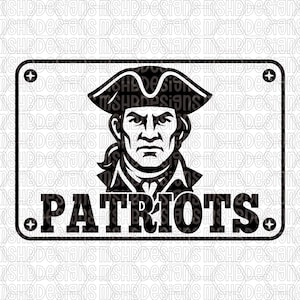 May include: A black and white graphic featuring a colonial man in a tricorn hat, enclosed in a rectangular frame. The word "PATRIOTS" is written in bold font beneath the portrait. Small crosses adorn each corner of the frame.