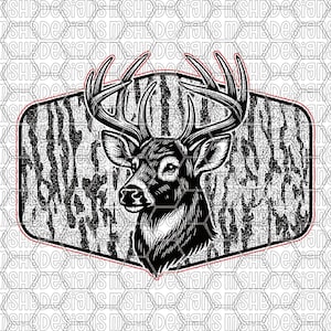 May include: Black and white illustration of a buck deer with large antlers, set against a textured background within a decorative frame. The design has a rustic, outdoorsy theme, suitable for apparel or home decor.