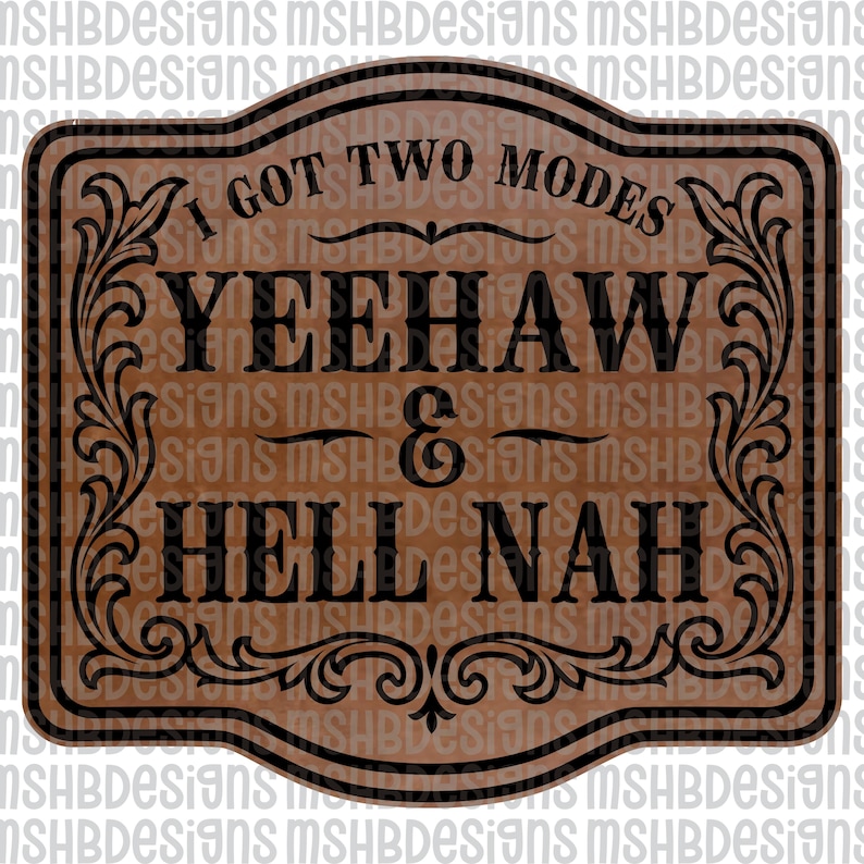 May include: A brown wooden sign with black text that reads "I GOT TWO MODES" at the top, and "YEEHAW & HELL NAH" in the center. The sign has decorative scrollwork around the edges.
