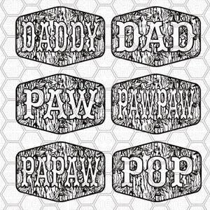 May include: Six black and white signs with the words "DADDY", "DAD", "PAW", "PAWPAW", "PAPAW", and "POP" in bold, outlined font. Each word is set against a textured background of black and white leaf patterns, all within a hexagonal shape.