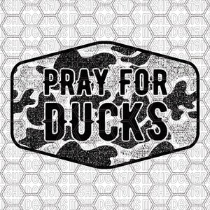 May include: A black and white graphic design with the text "PRAY FOR DUCKS" in bold letters. The text is set against a camouflage pattern within a black, rounded rectangular frame. The background features a honeycomb pattern.