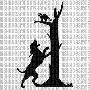 May include: Black silhouette of a dog reaching up a tree towards a raccoon. The tree has several branches, and the raccoon is perched on one. The background is filled with the text "MSHBDESIGNS".