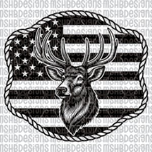 May include: Black and white graphic of a deer head with large antlers, set against a backdrop of the American flag. The design is framed by a rope-like border. The image has the text "MSHBDESIGNS" repeated in the background.
