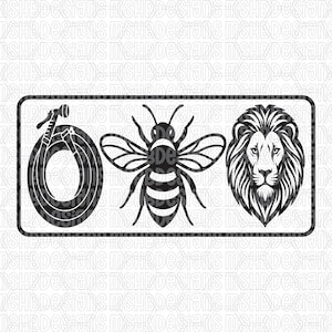 Peut inclure: Conception graphique en noir et blanc représentant un tuyau d'arrosage enroulé, une abeille et une tête de lion, le tout dans un cadre rectangulaire. Idéal pour des autocollants ou des décorations murales.