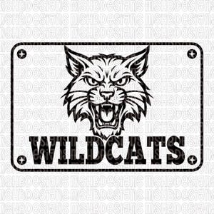 May include: Black and white Wildcats sign featuring a fierce wildcat head with an open mouth and the word "WILDCATS" below. The sign has rounded corners and decorative elements.