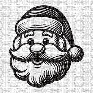 Peut inclure: Illustration en noir et blanc du visage du Père Noël. L'image présente une représentation détaillée du bonnet, de la barbe, de la moustache et des traits du visage du Père Noël. Idéal pour les créations de Noël.