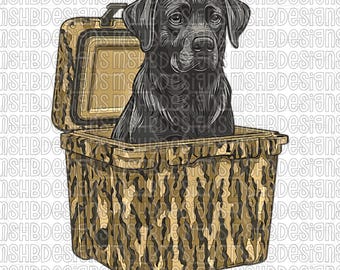 Black Labrador Retriever in Camo Cooler – Hunting Dog Sublimation & DTF PNG + PDF – Instant Download