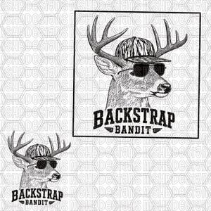 May include: Black and white illustration of a deer wearing sunglasses and a camouflage hat. The text "BACKSTRAP BANDIT" is below the deer's head. A second, smaller image of the deer is in the lower left corner.