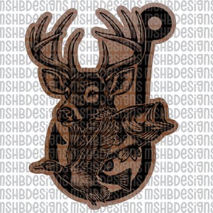 May include: A brown and black graphic featuring a deer head with large antlers, a fish, and a duck, all within a stylized hook shape. The design has a vintage, engraved look, suitable for outdoor enthusiasts.