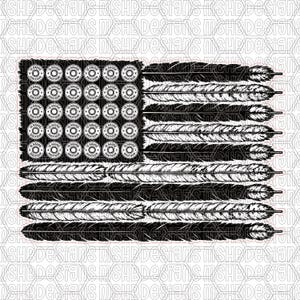 May include: A black and white graphic of the American flag. The stars are replaced with 12-gauge shotgun shells, and the stripes are replaced with feathers. The flag design is a patriotic symbol.