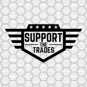 May include: Black and white graphic with the text "SUPPORT THE TRADES" inside a shield shape. The design includes wings and five stars at the top, set against a honeycomb pattern background.