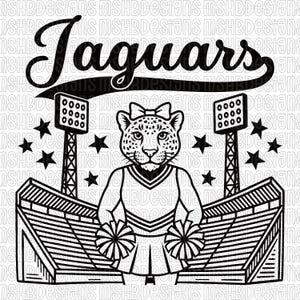 May include: Black and white graphic featuring the word "Jaguars" above a cheerleader jaguar with pom-poms, stadium seating, and stadium lights. Stars are scattered around the design.