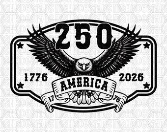 Puede incluir: Un diseño gráfico en blanco y negro que presenta un águila central con las alas extendidas. Sobre el águila está el número 250. Debajo del águila hay una pancarta con la palabra AMERICA, flanqueada por los años 1776 y 2026, con 17 y 76 en los extremos.
