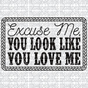 May include: Black and white graphic design with the text "Excuse Me, You Look Like You Love Me" inside a braided border. The design is suitable for various applications, such as apparel or home decor.