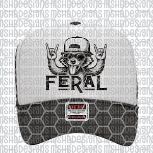 May include: A black and white trucker hat with a graphic of a raccoon wearing sunglasses and a backwards cap, with the word "FERAL" in bold letters. The hat has a white front panel and a black mesh back.