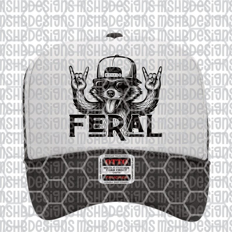 May include: A black and white trucker hat with a graphic of a raccoon wearing sunglasses and a backwards cap, with the word "FERAL" in bold letters. The hat has a white front panel and a black mesh back.