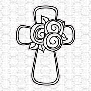 May include: Black and white line art of a cross shape with rounded edges. The cross features a cluster of stylized roses at the intersection, with leaves. The design is simple and elegant, suitable for various craft projects.
