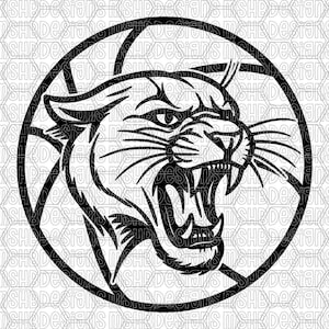 May include: Black and white illustration of a snarling panther head within a circular frame. The panther's mouth is open, revealing sharp teeth. The design has a geometric background.