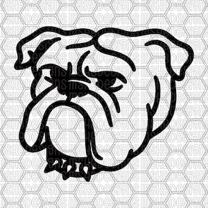 May include: A black line art illustration of a bulldog's face. The design features bold outlines, capturing the dog's distinctive features. The background has a honeycomb pattern with the text "SHP DESIGNS" repeated.